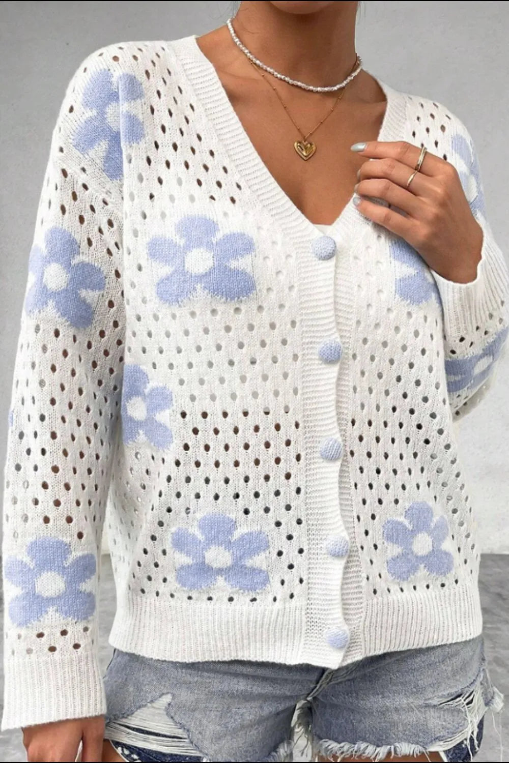 Flower Hollowed Out Button Down Long Sleeve Cardigan Easy Apparels