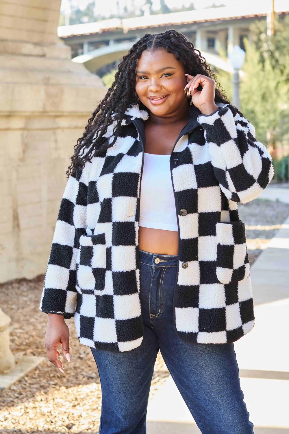 Double Take Full Size Checkered Button Front Coat with Pockets Easy Apparels