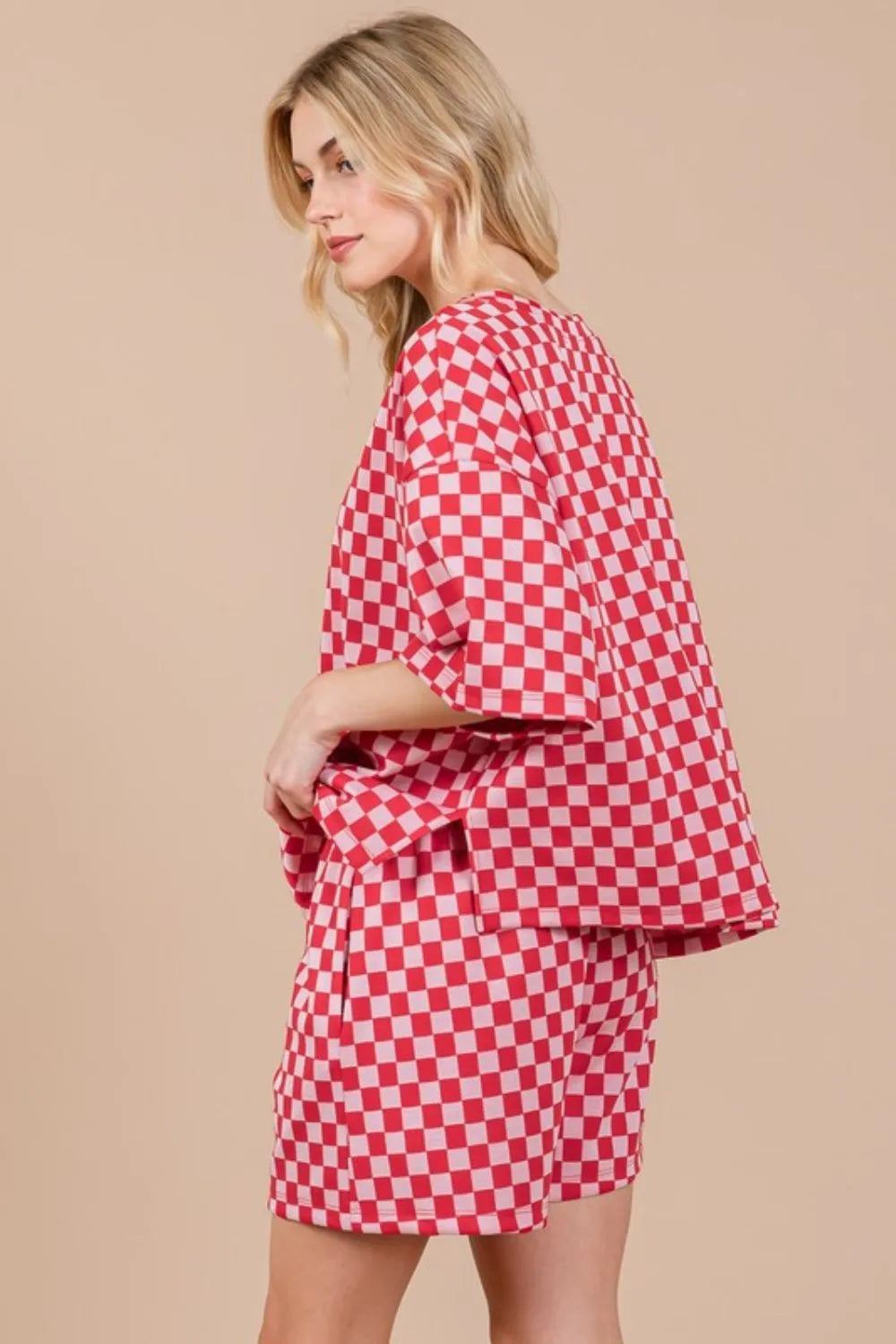 Ces Femme Checkered Round Neck Top and Shorts Set Easy Apparels