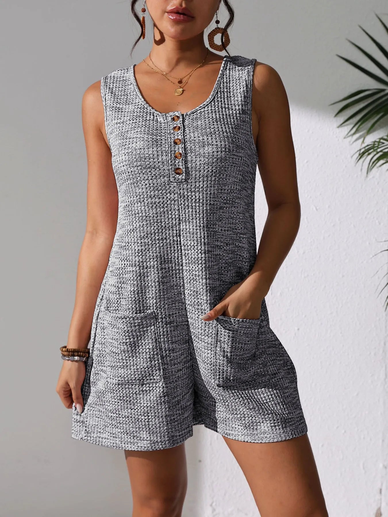 Full Size Button Front Romper with Pockets Plus Size Grey Easy Apparels