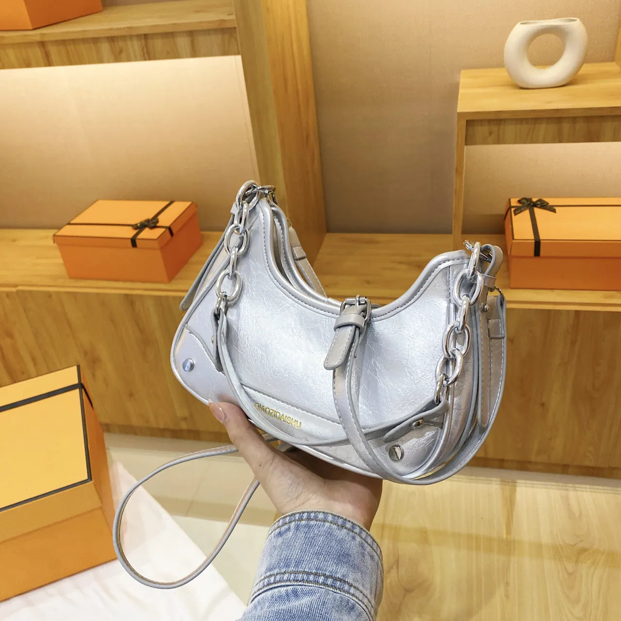 Chain Detail Leather Shoulder Bag Silver onesize Easy Apparels