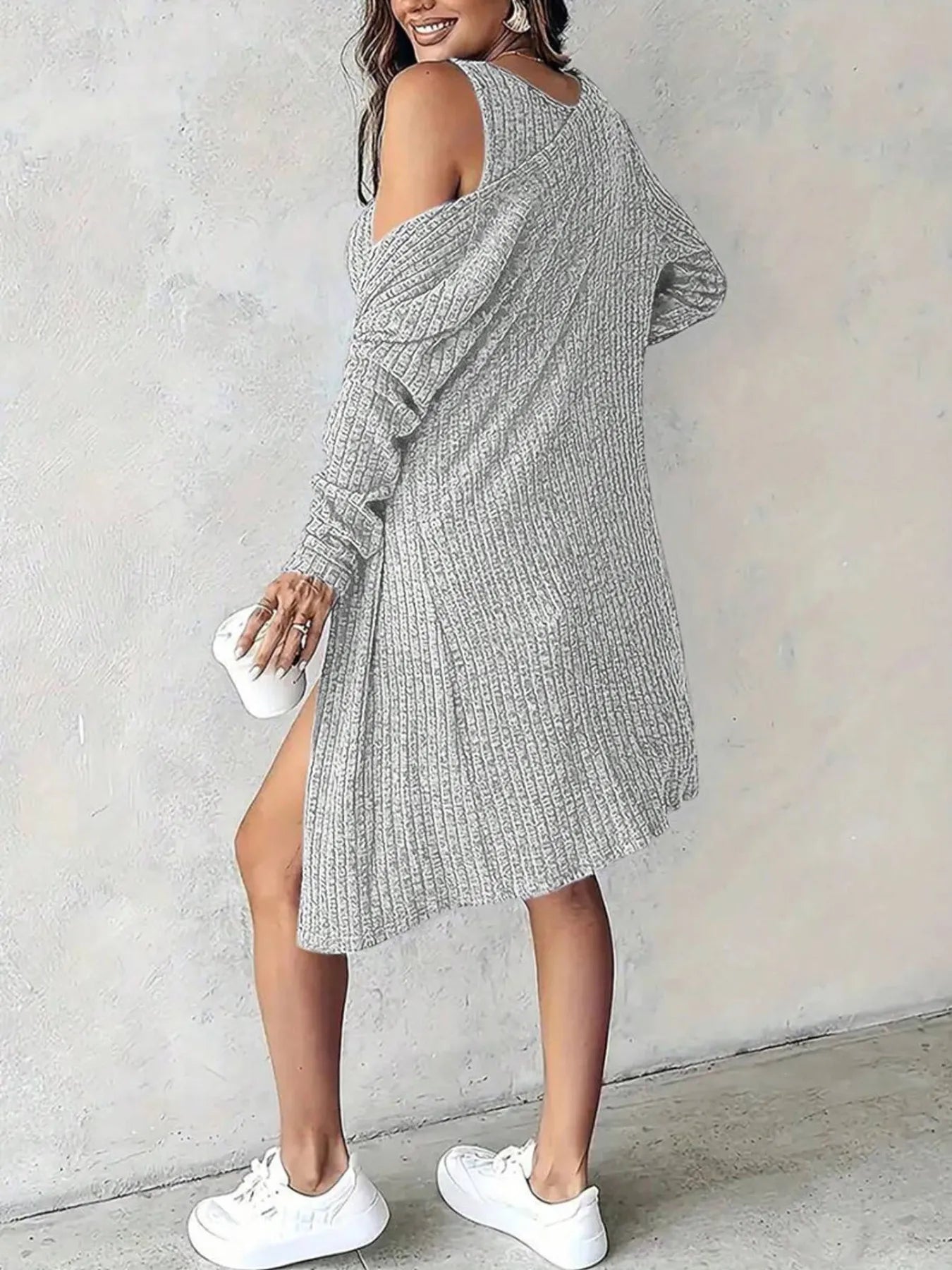 Ribbed Button Front Dress and Cardigan Sweater Set Easy Apparels