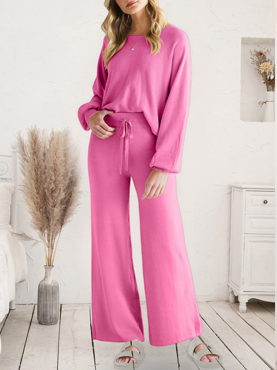Long Sleeve Lounge Top and Drawstring Pants Set Pink Easy Apparels