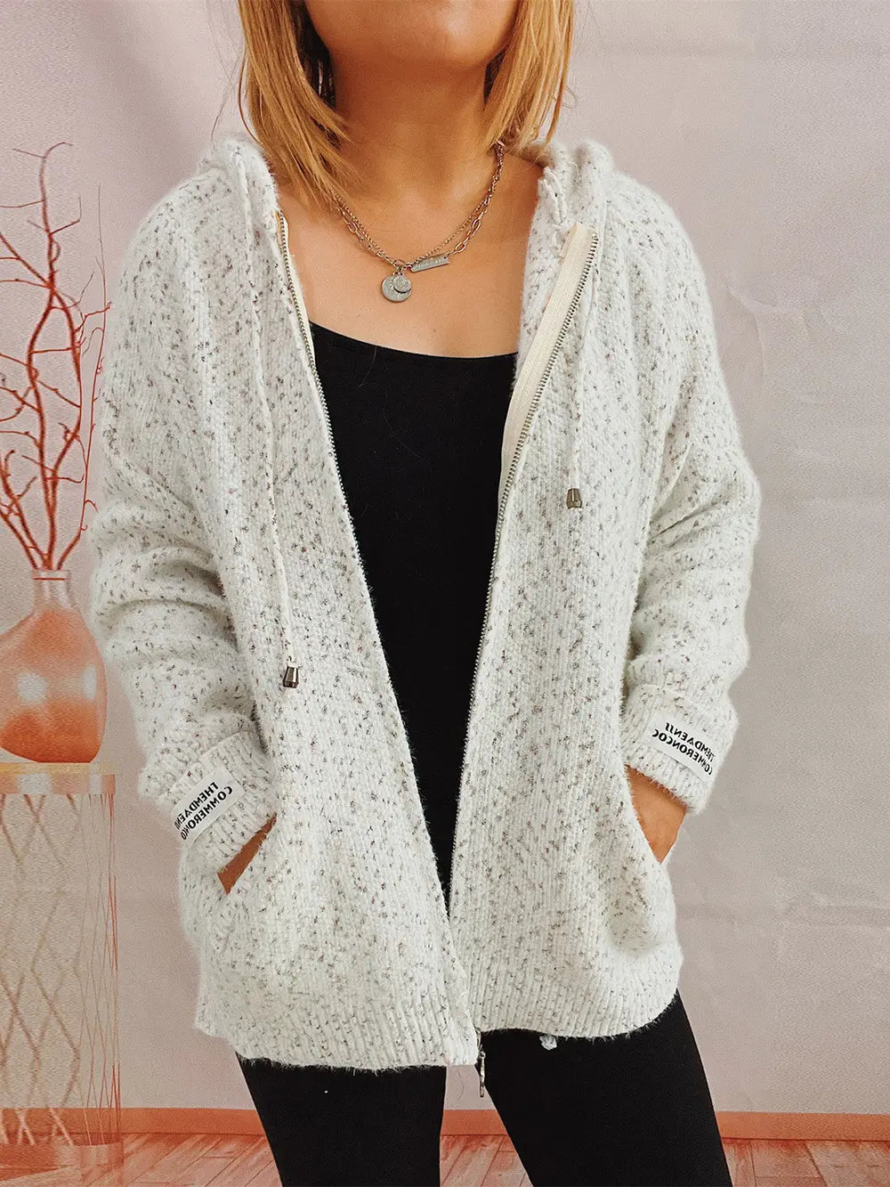 Zip Up Drawstring Long Sleeve Hooded Sweater White Easy Apparels
