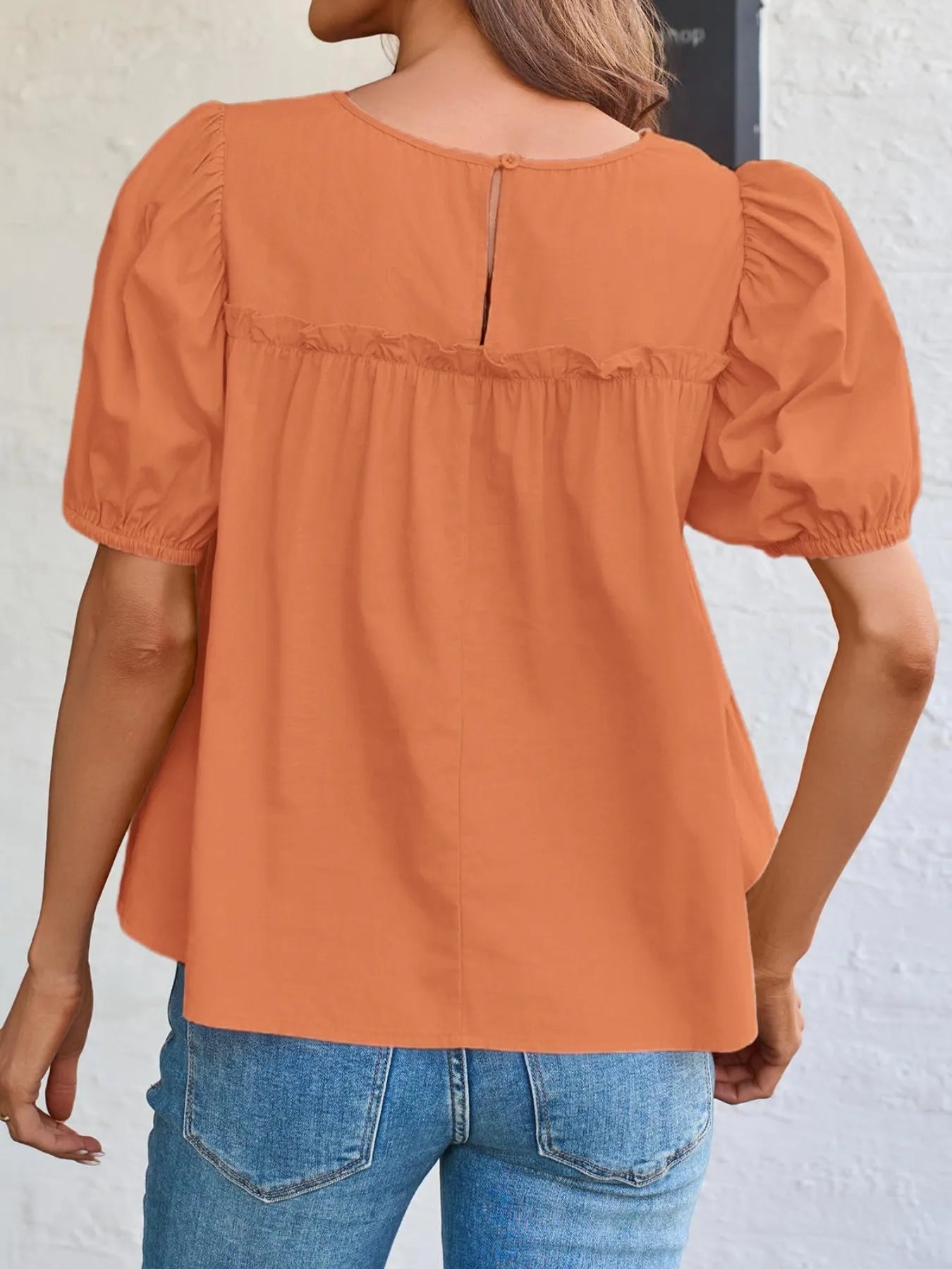 Trendsi Tiered Round Neck Puff Sleeve Ruched Blouse