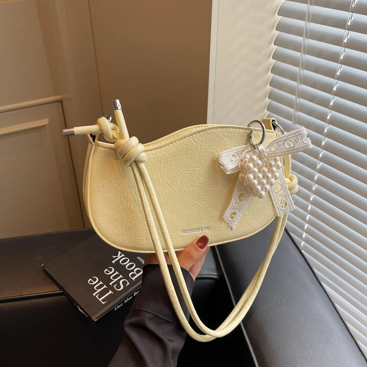 Leather Shoulder Bag with Pearl Detail Pastel Yellow onesize Easy Apparels