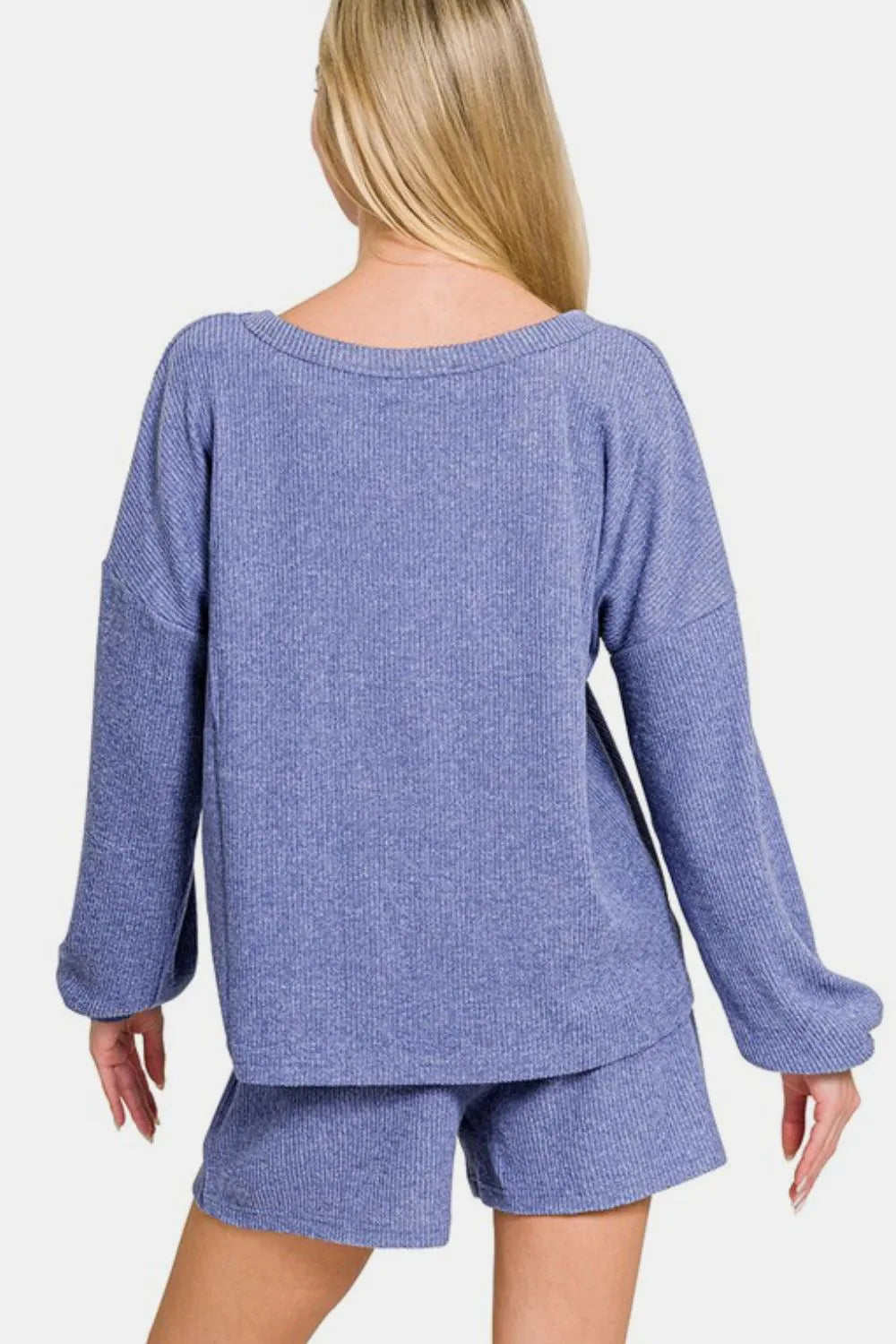 Zenana V-Neck Long Sleeve Ribbed Top and Shorts Set Easy Apparels