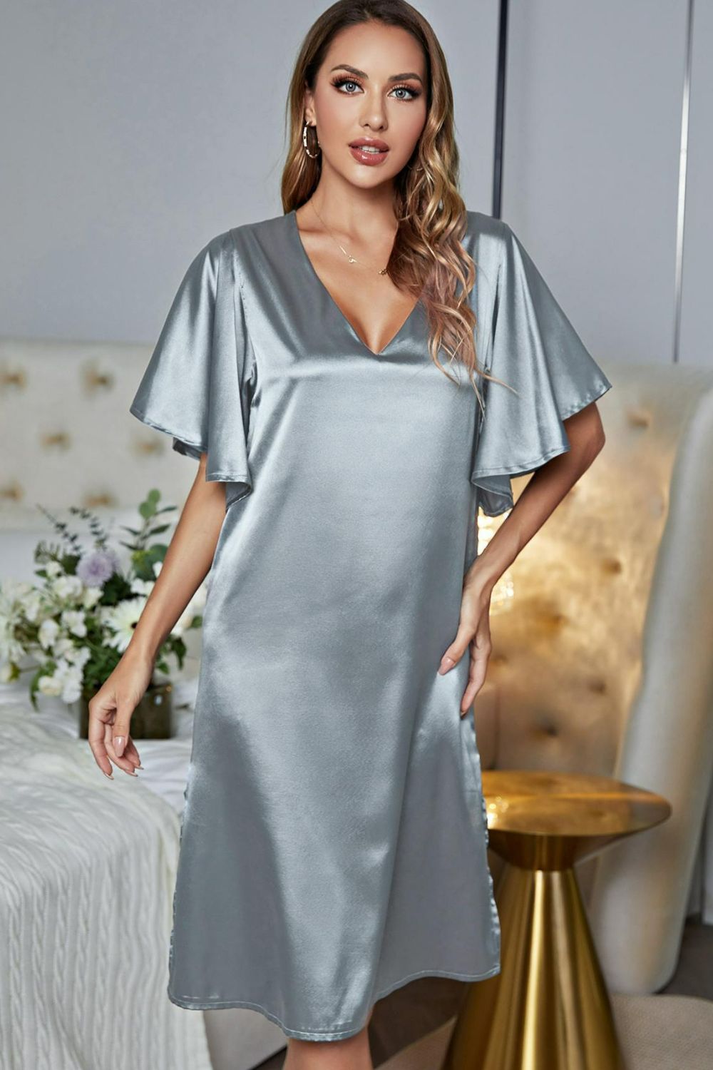 Satin Flutter Sleeve Side Slit V-Neck Night Dress Easy Apparels