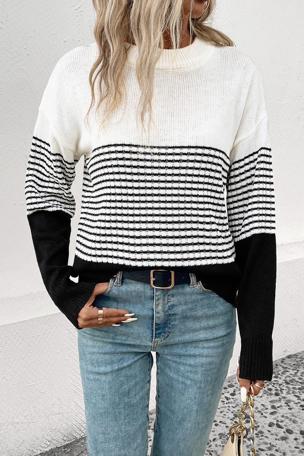 Perfee Striped Drop Shoulder Sweater White Easy Apparels