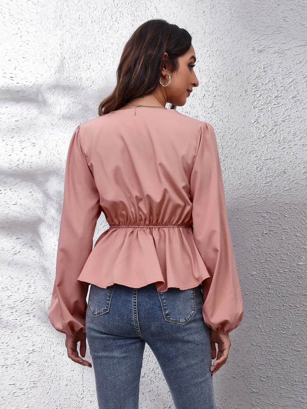 Trendsi V-Neck Balloon Sleeve Peplum Blouse