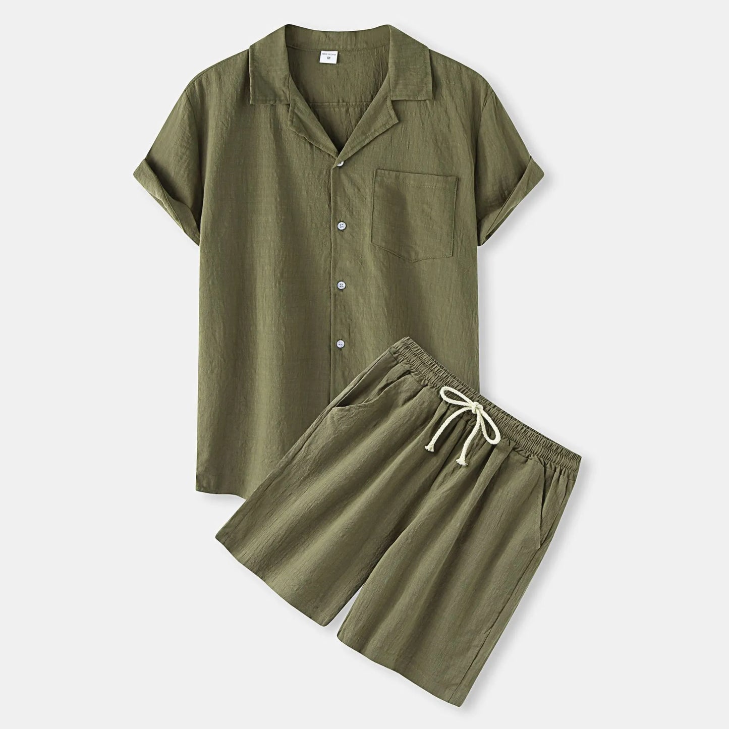 Men's Button Up Shirt and Shorts Set Army Green Easy Apparels