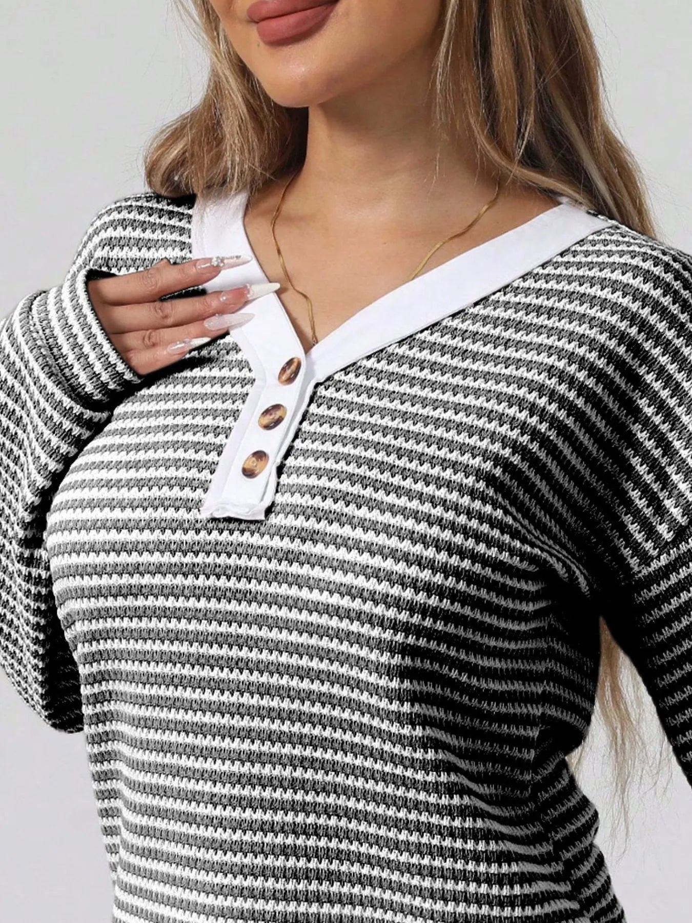 Trendsi Striped Button Detail Long Sleeve Top