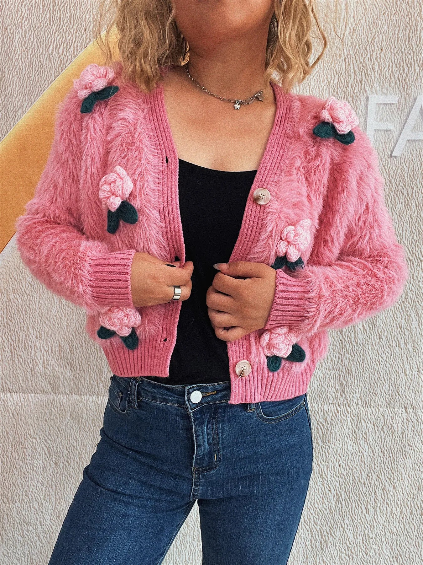 Flower Fuzzy Button-Up Cardigan Easy Apparels