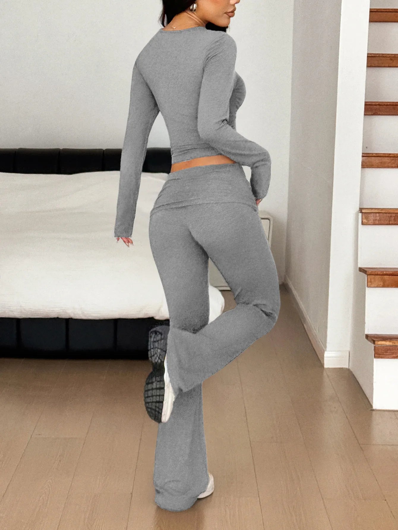Long Sleeve Crop Top and Bootcut Pants Set Easy Apparels