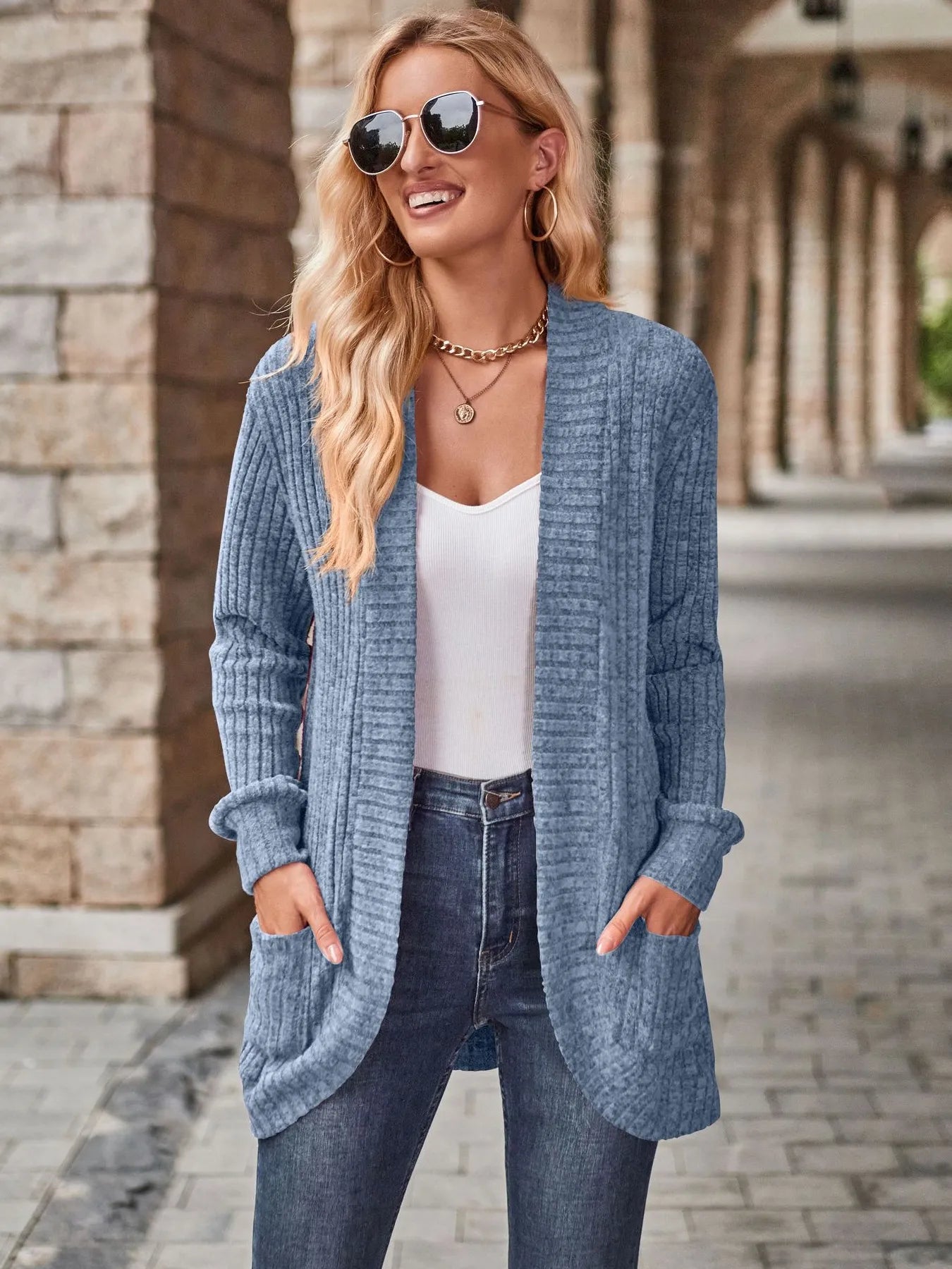 Ribbed Open Front Long Cardigan with Pockets Sky Blue Easy Apparels
