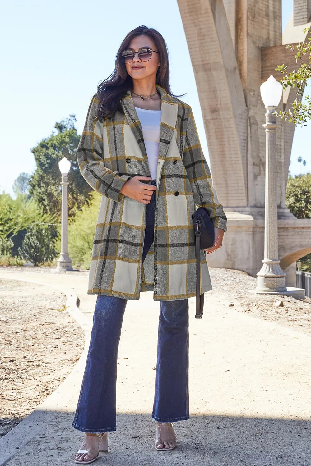 Double Take Full Size Plaid Button Up Lapel Collar Coat London Plaid Easy Apparels