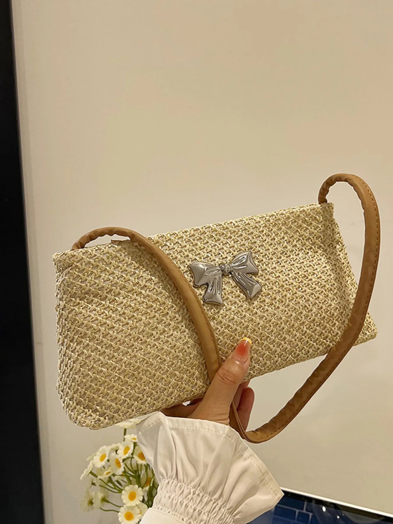 Woven Straw Shoulder Bag with Bow Detail Khaki One Size Easy Apparels