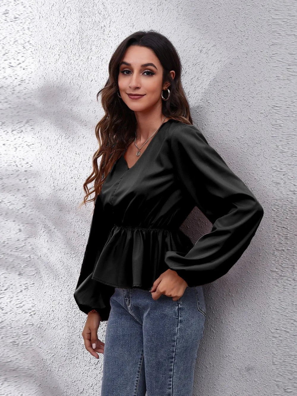 Trendsi V-Neck Balloon Sleeve Peplum Blouse