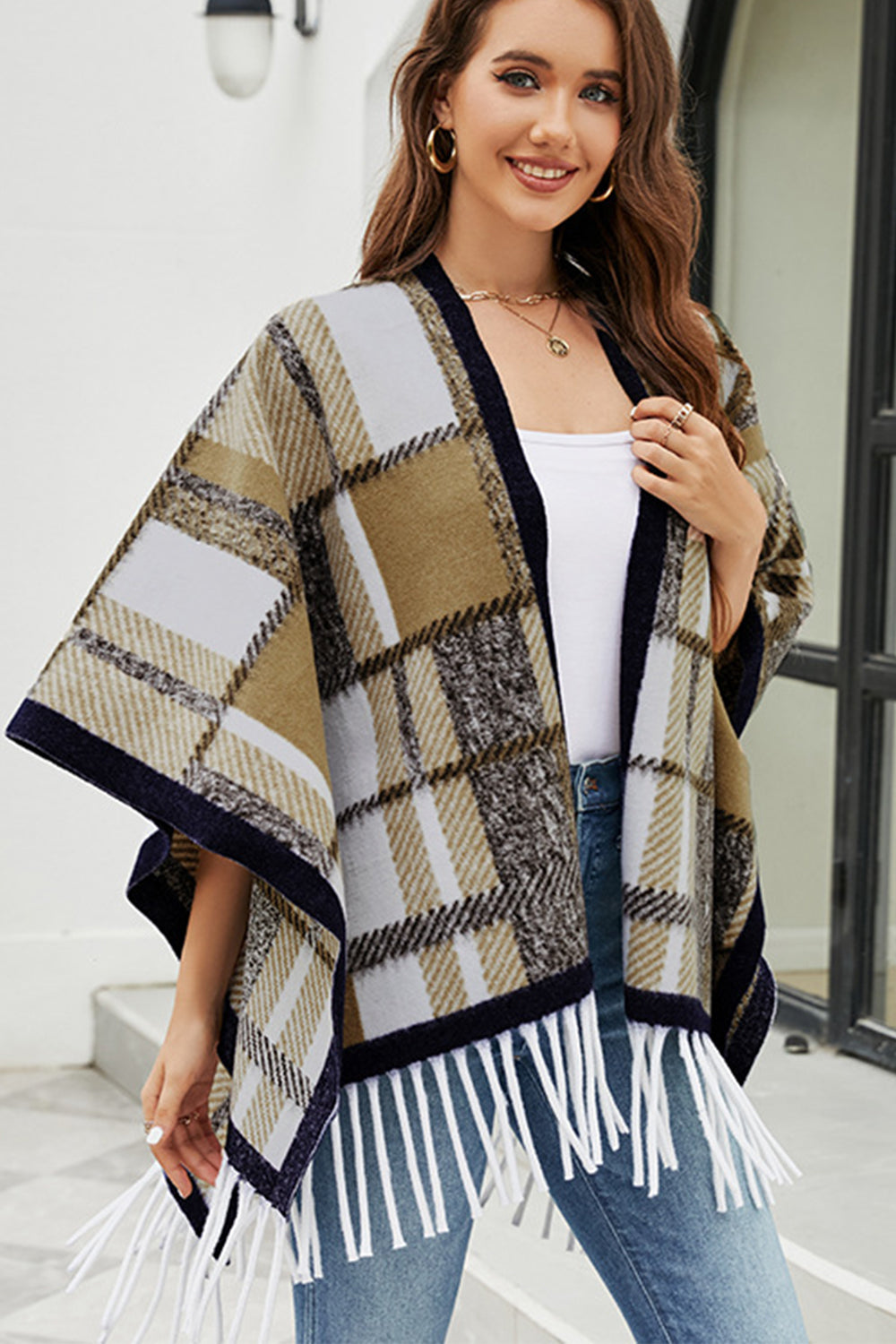 Cloak Sleeve Fringe Detail Poncho Khaki One Size Easy Apparels