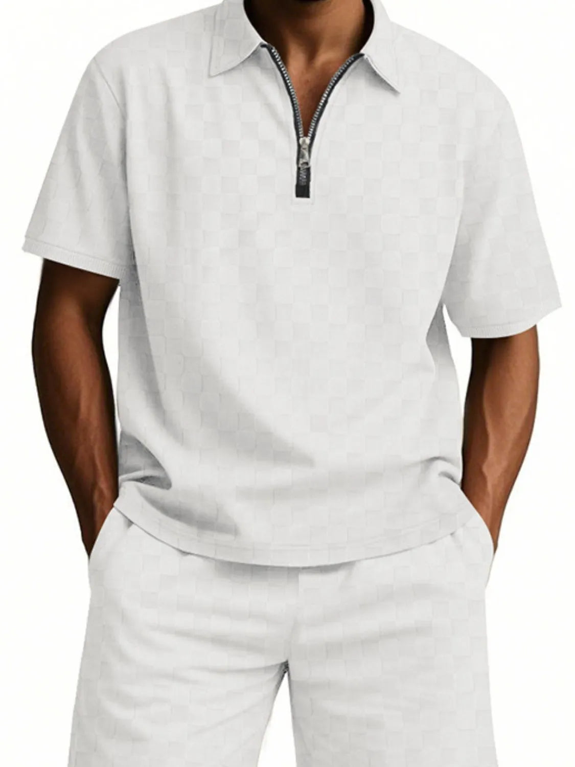 Men's Full Size Quarter Zip Short Sleeve Top and Shorts Set Plus Size White Easy Apparels