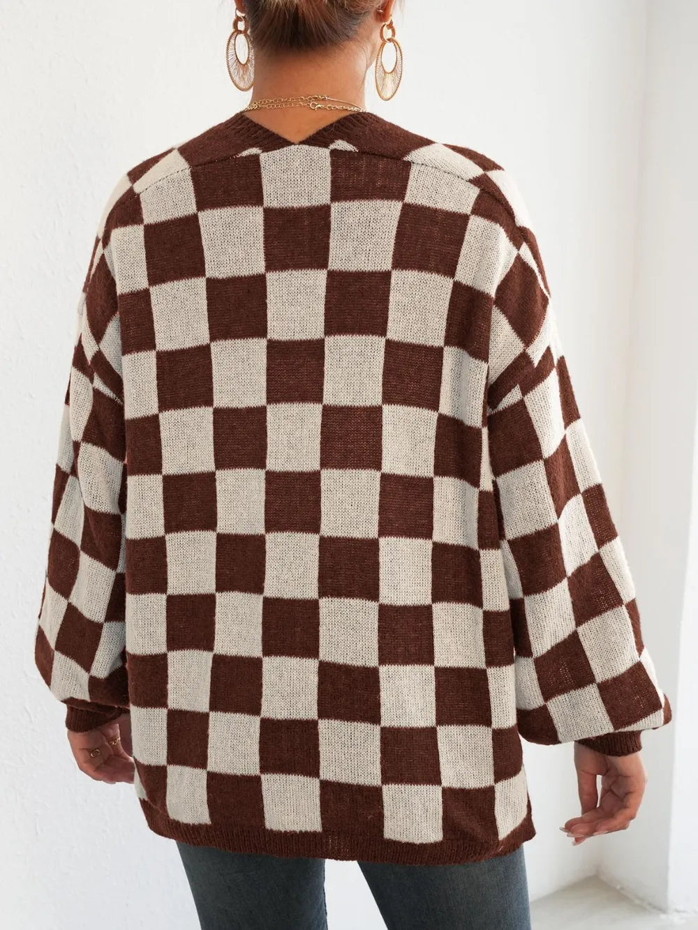 Checkered Open Front Long Sleeve Cardigan Easy Apparels