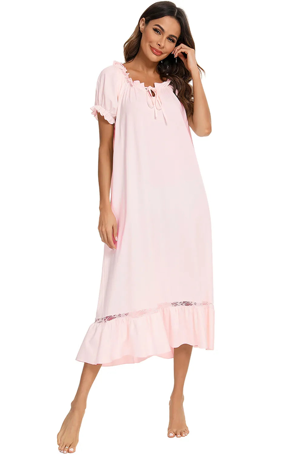 Lace Detail Short Sleeve Lounge Dress Easy Apparels