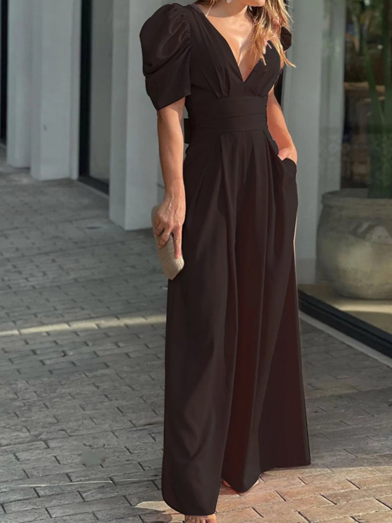 Full Size Cutout V-Neck Puff Sleeve Jumpsuit Plus Size Black Easy Apparels