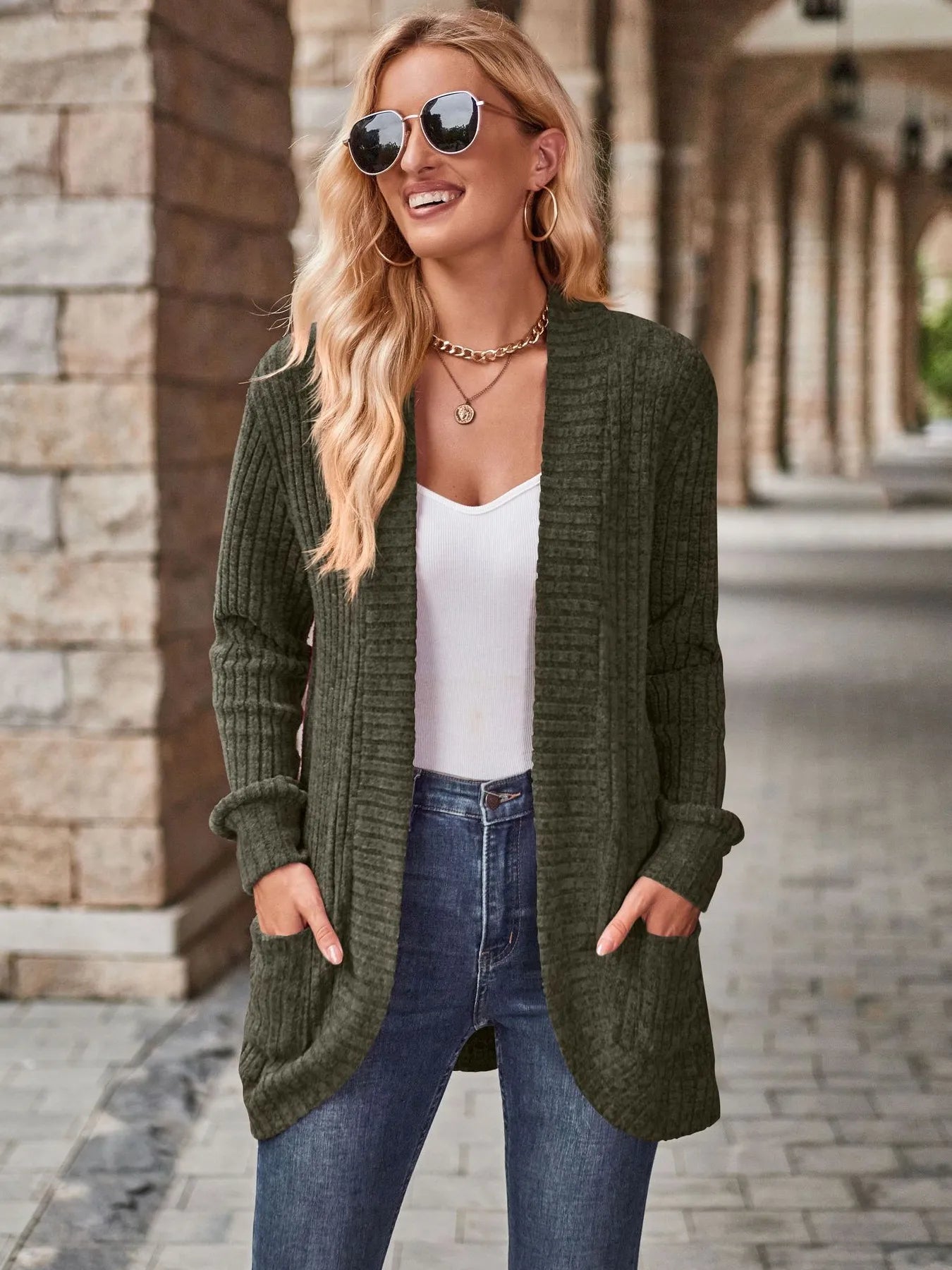 Ribbed Open Front Long Cardigan with Pockets Olive Easy Apparels