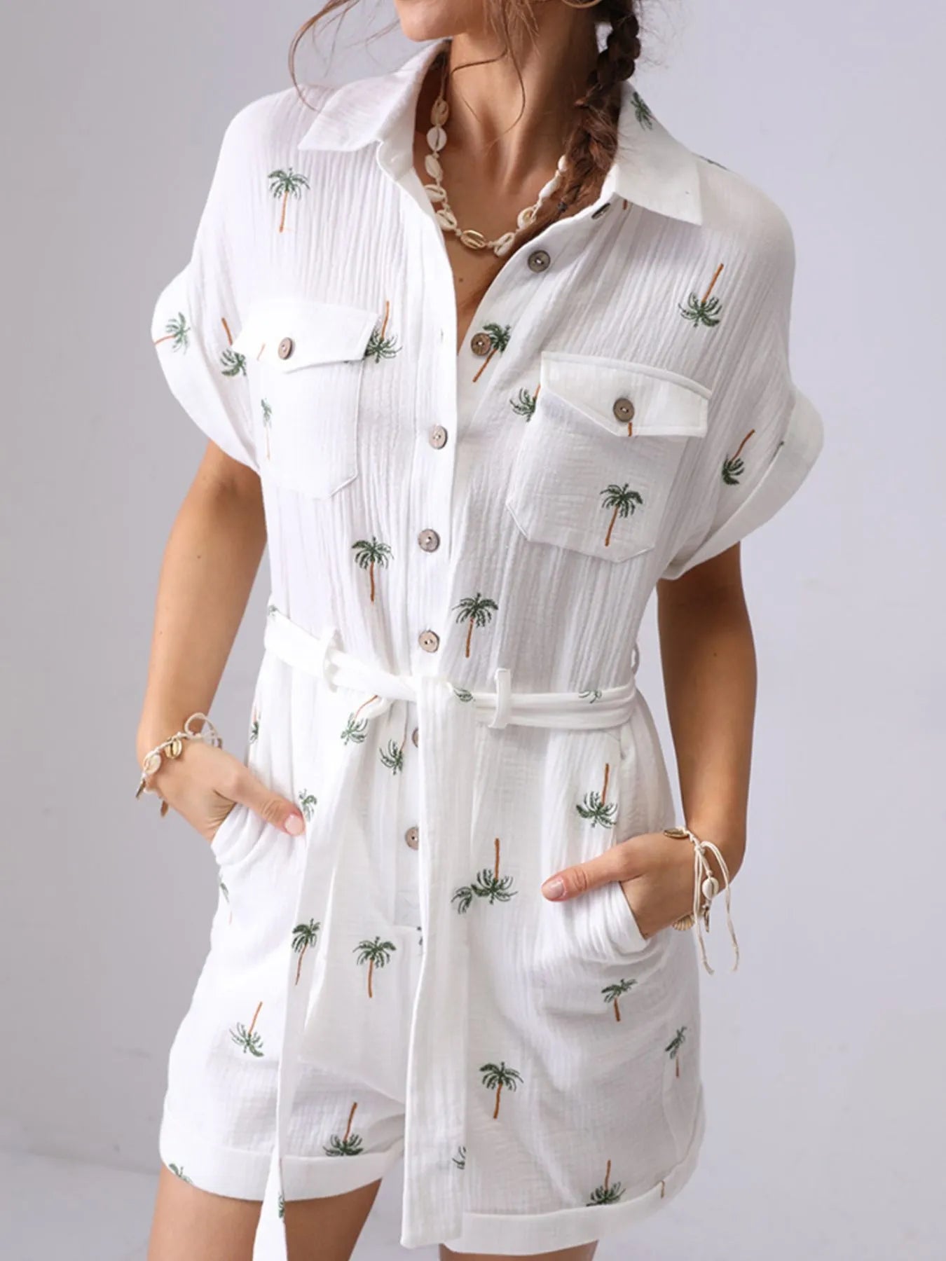Palm Tree Print Short Sleeve Button-Up Romper with Belt Easy Apparels
