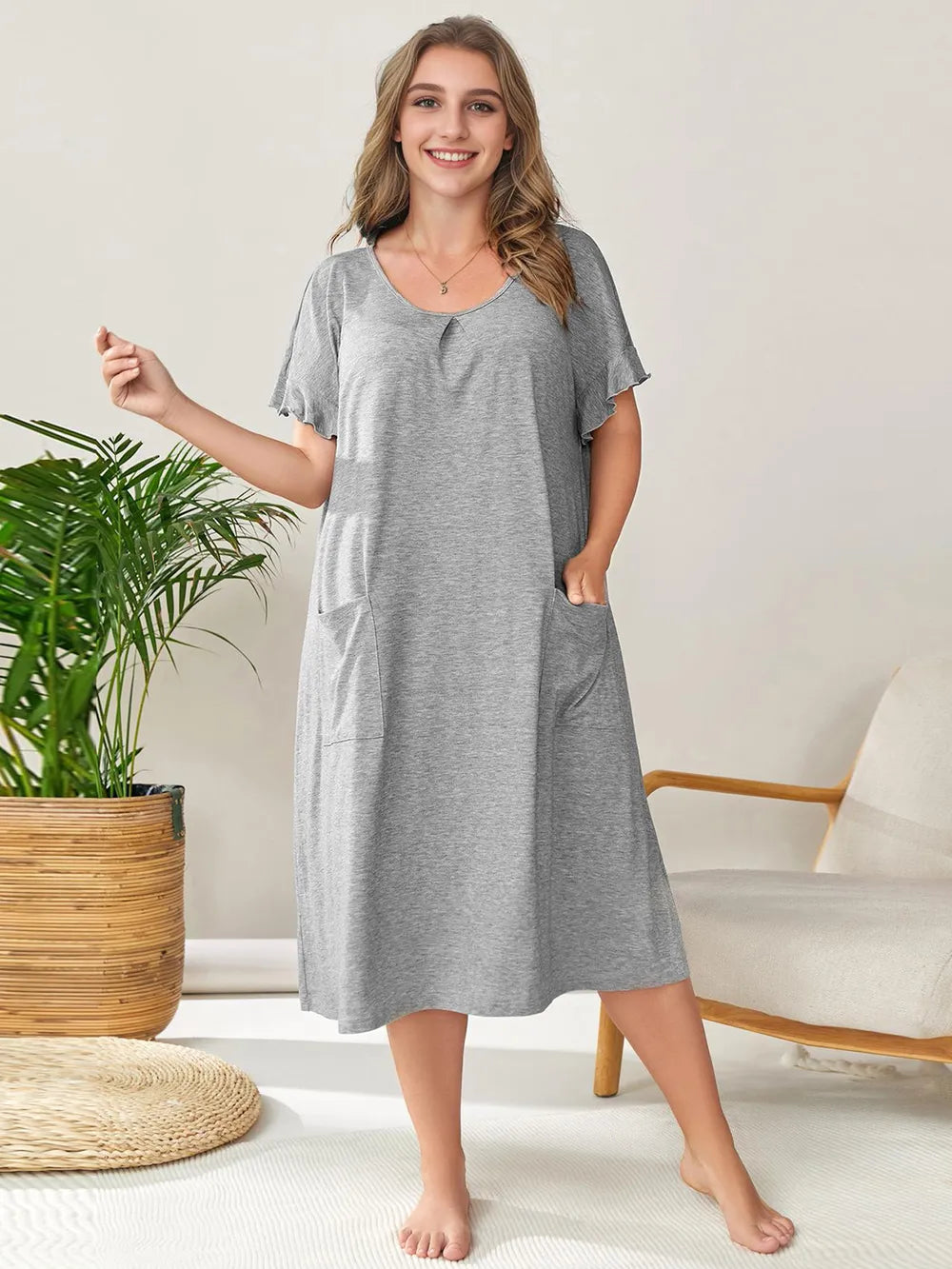 Plus Size Round Neck Short Sleeve Lounge Dress Easy Apparels
