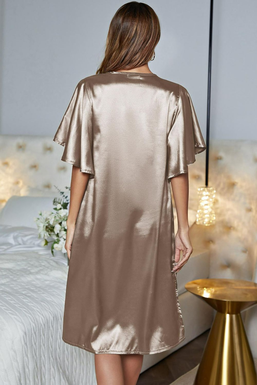 Satin Flutter Sleeve Side Slit V-Neck Night Dress Easy Apparels