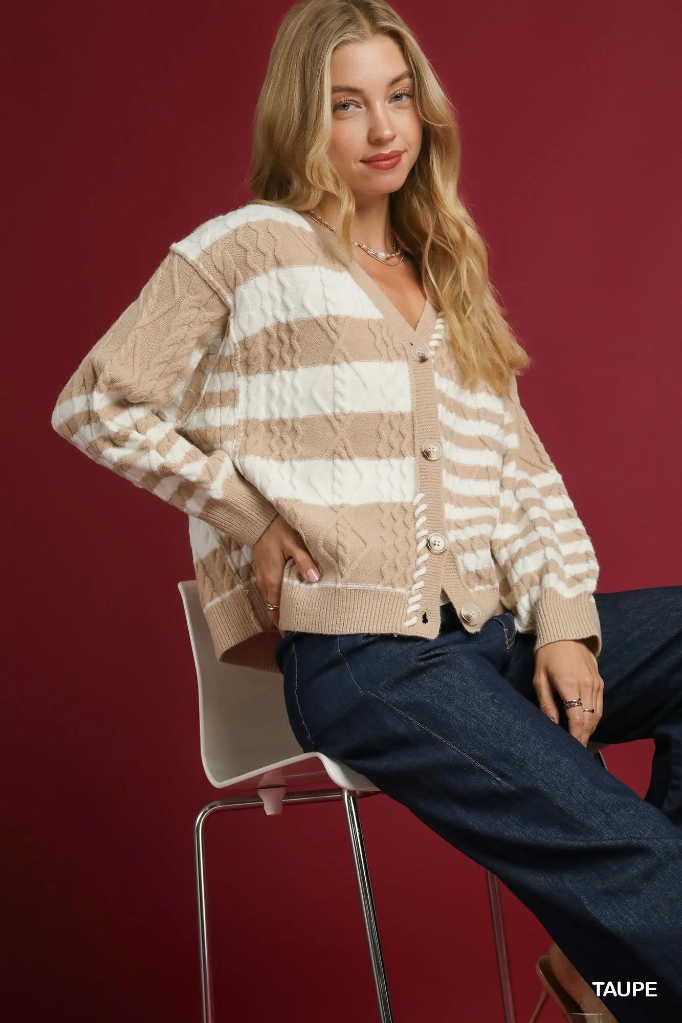 Umgee Cable-Knit Stripe Button-Up Cardigan Easy Apparels