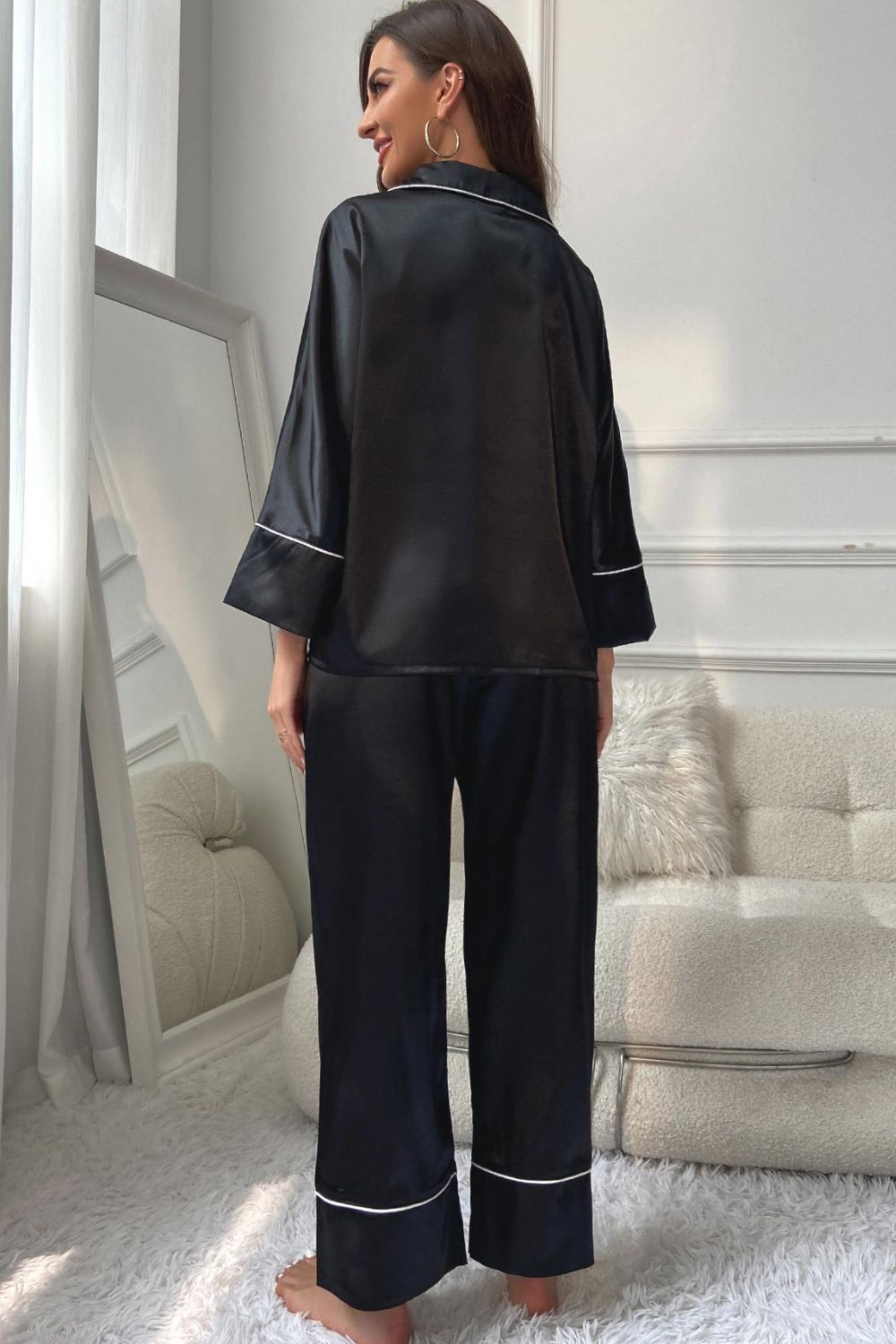 Contrast Piping Button-Up Top and Pants Pajama Set Easy Apparels