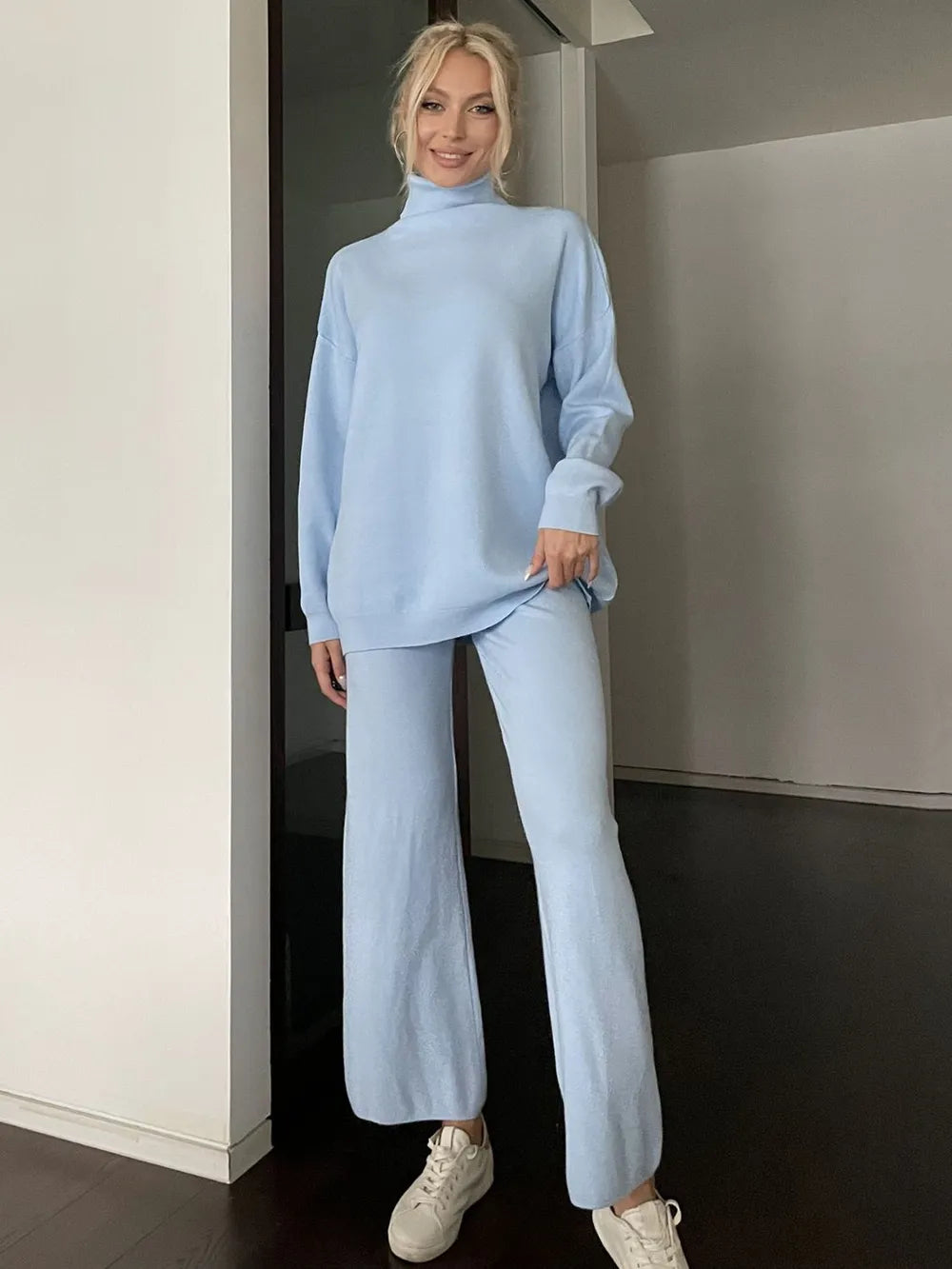 Turtleneck Long Sleeve Top and Drawstring Pants Sweater Set Easy Apparels