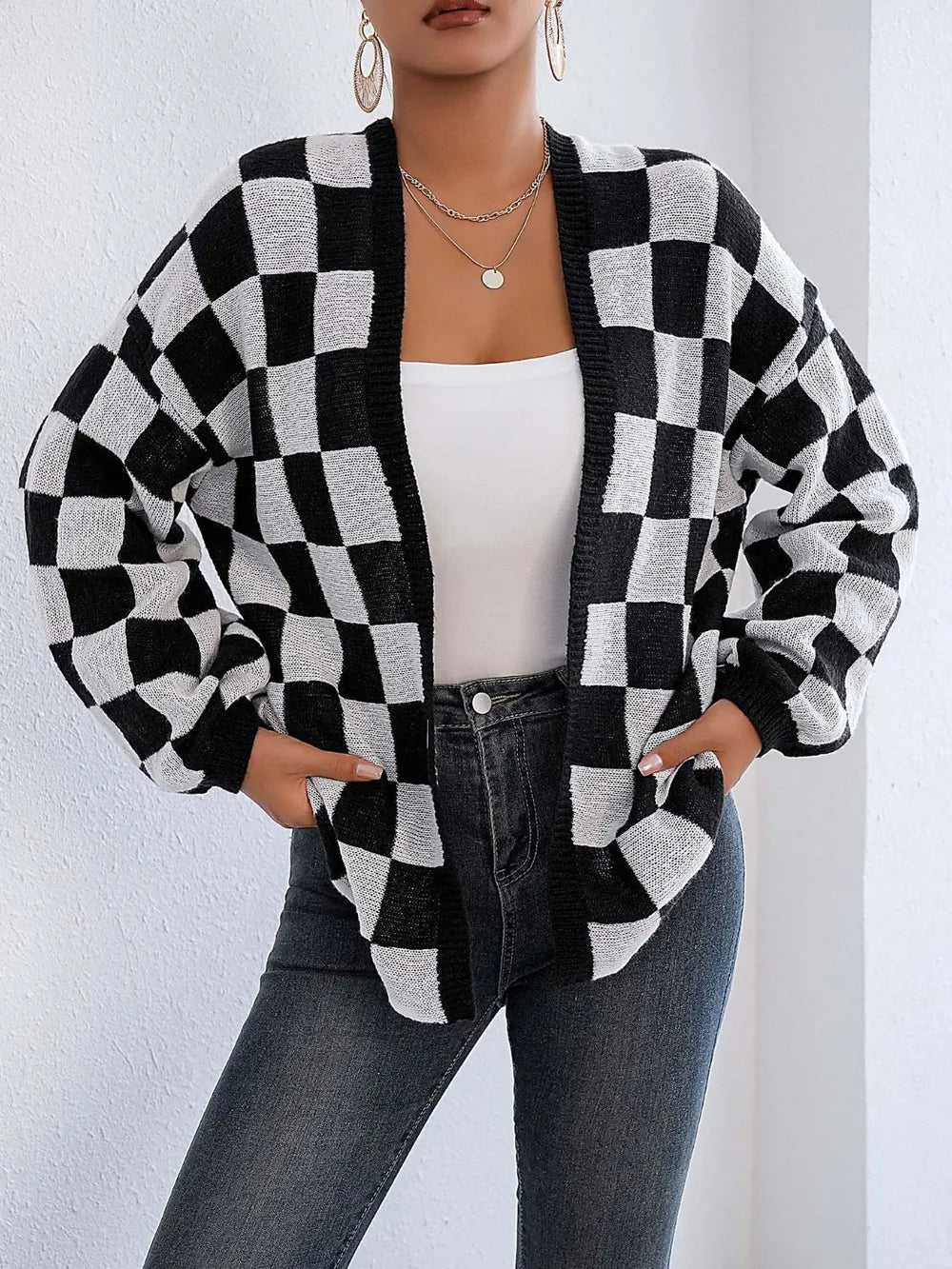 Checkered Open Front Long Sleeve Cardigan Easy Apparels
