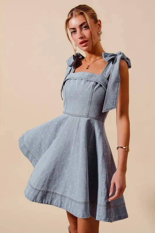 SO ME A Line Fit and Flare Diamond Bow Ribbon Denim Dres Easy Apparels