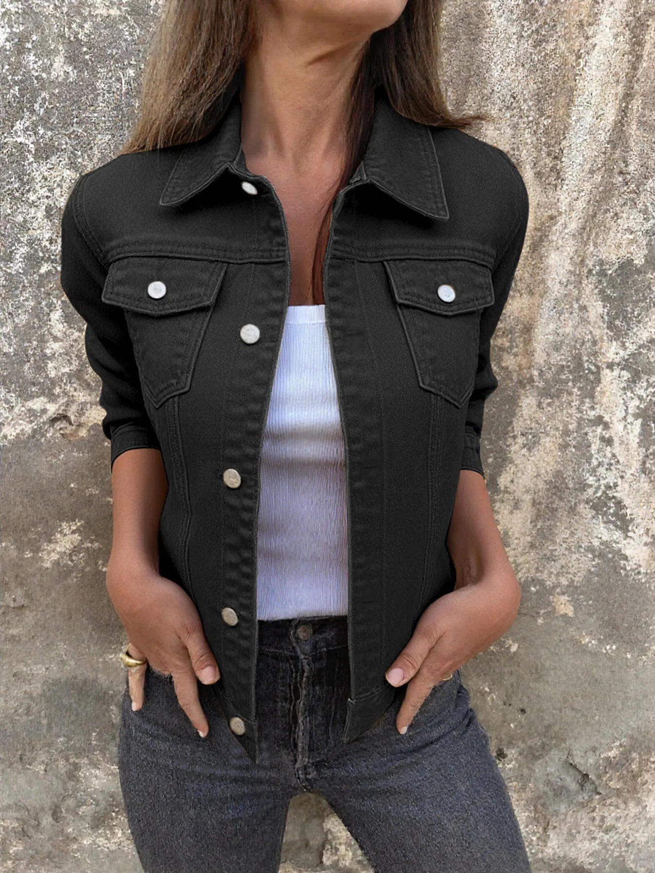 Button Front Closure Denim Jacket Black Easy Apparels