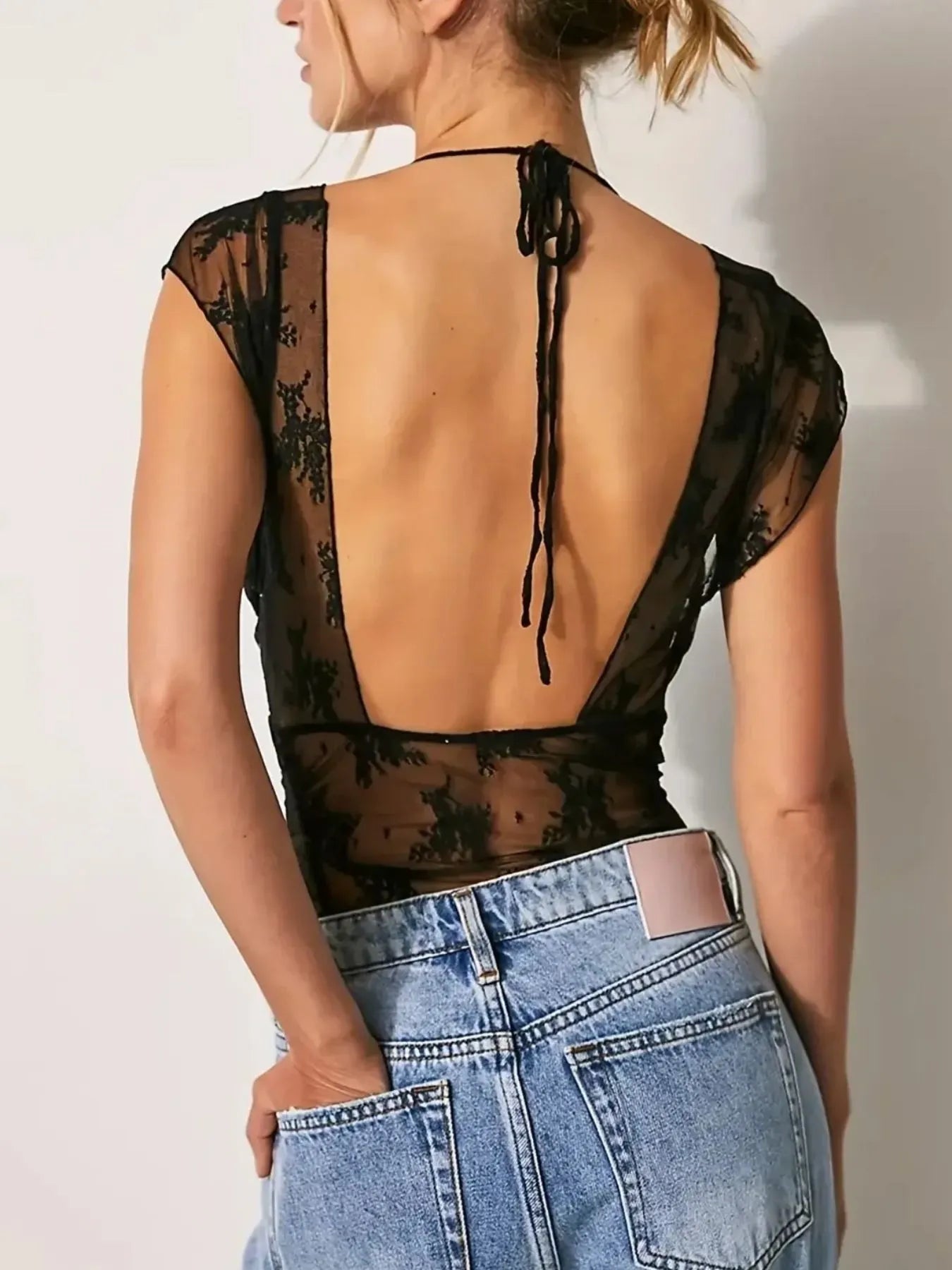 Trendsi Lace Cap Sleeve Ruched T-Shirt