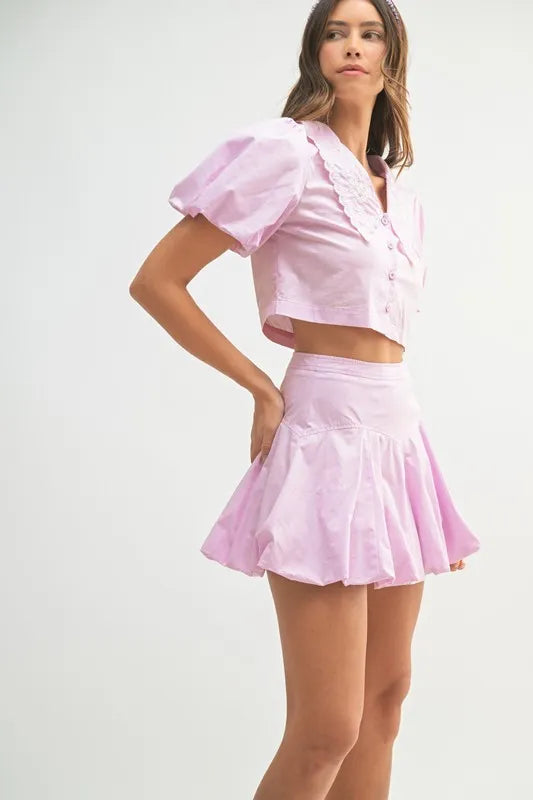 MABLE Puff Sleeve Button Down Top and Bubble Skirt Set Easy Apparels