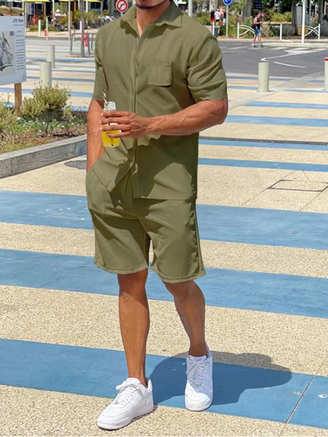 Men's Plus Size Button Up Shirt and Shorts Set Military Green Easy Apparels