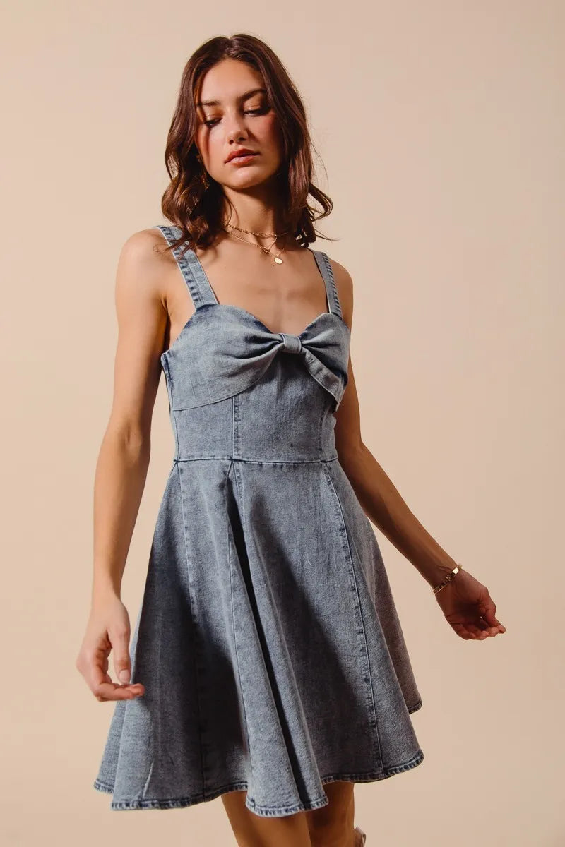 SO ME Mineral Washed Bow Ribbon Denim Flare Dress Easy Apparels