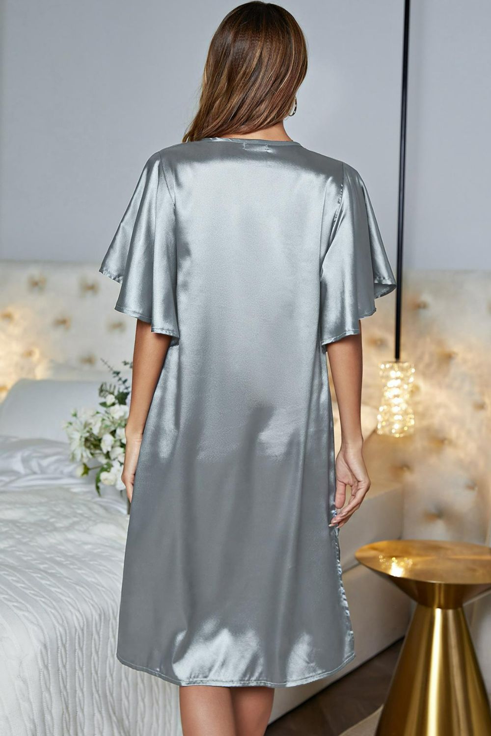 Satin Flutter Sleeve Side Slit V-Neck Night Dress Easy Apparels
