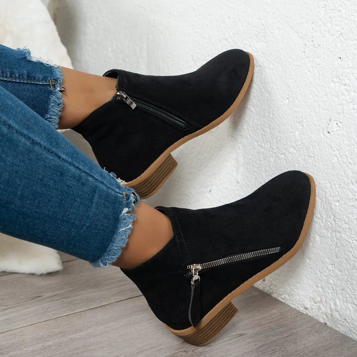 Side Zip Ankle Boots with Block Heel Easy Apparels