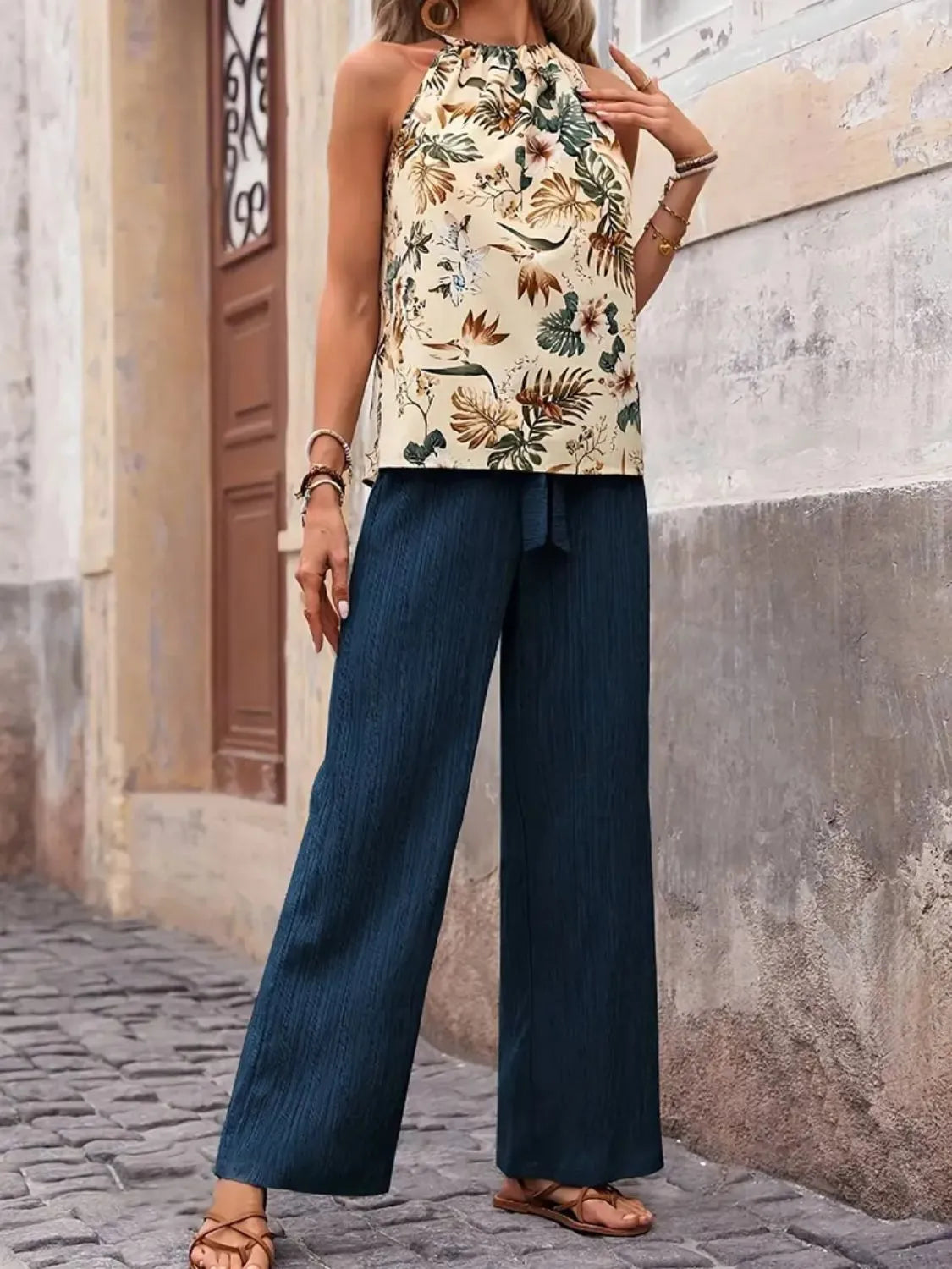 Printed Tank Top and Wide Leg Pants Set Easy Apparels