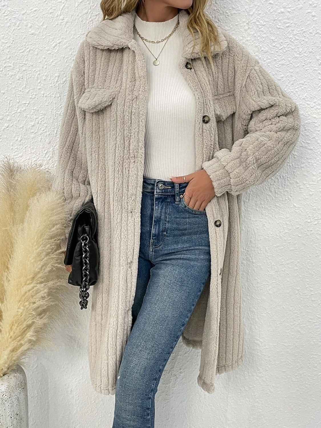 Collared Neck Drop Shoulder Coat Easy Apparels