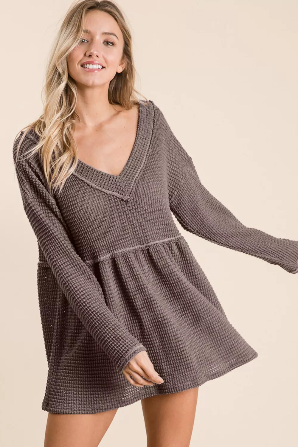 Trendsi BiBi Waffle Knit V-Neck Babydoll Blouse