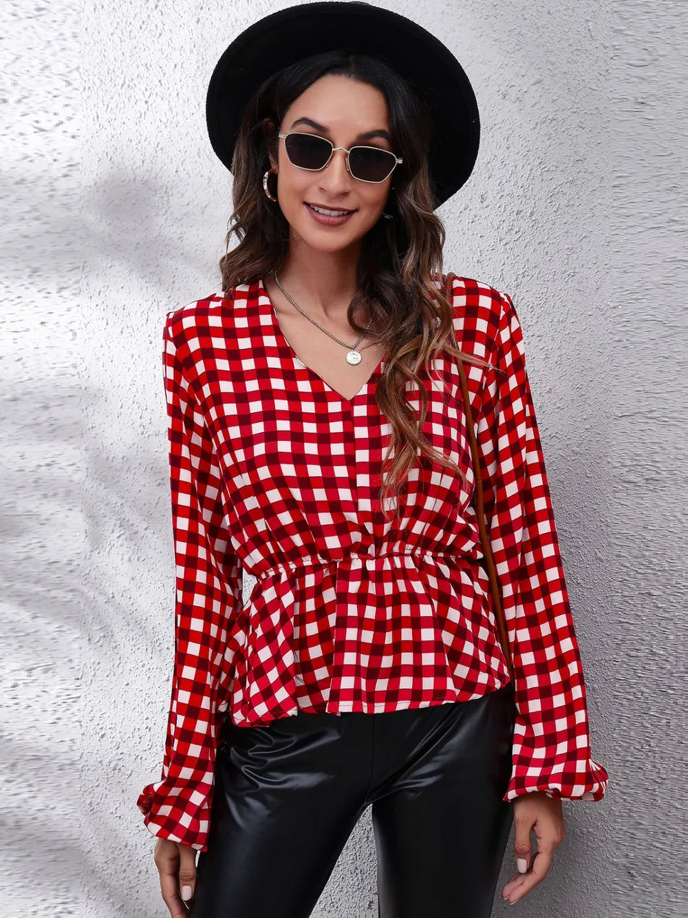 Trendsi Plaid V-Neck Balloon Sleeve Peplum Blouse Deep Red