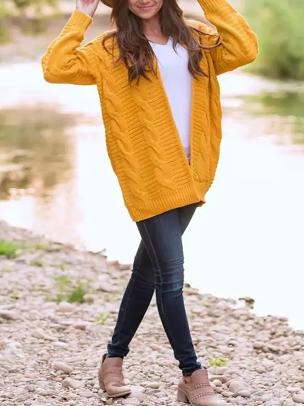 Cable-Knit Open Front Long Sleeve Cardigan Easy Apparels