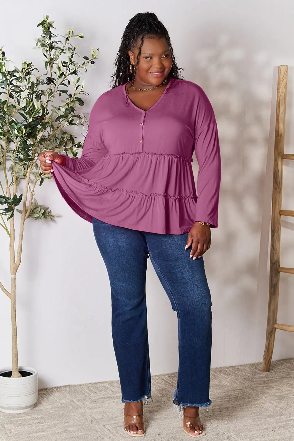 Trendsi Double Take Half Button Long Sleeve Ruffle Hem Blouse