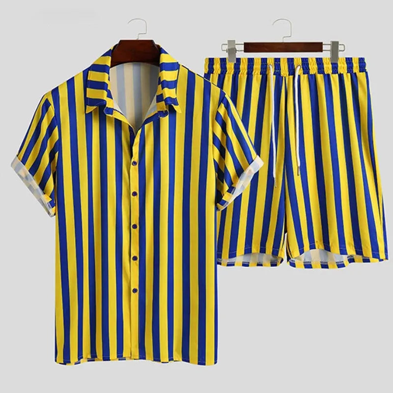 Men's Full Size Striped Button Up Shirt and Shorts Set Plus Size Yellow Easy Apparels